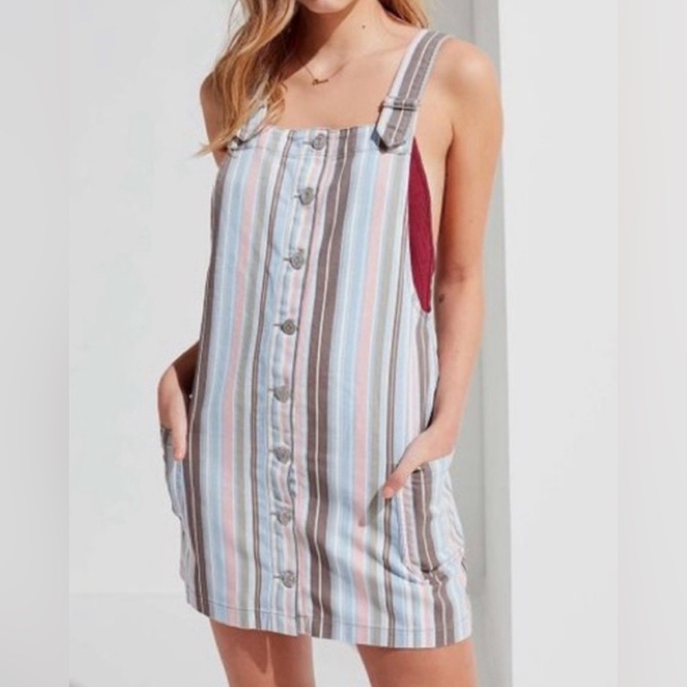 Urban Outfitter BDG  Pink & Blue Striped Overall Denim  Dress Size Large.